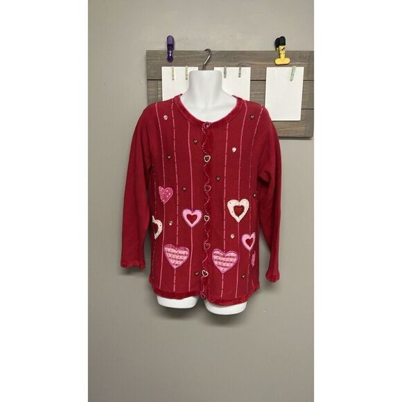 The Quacker Factory Valentine Cardigan Sweater Beaded Hearts Red/Pink Medium - Picture 1 of 16